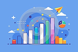 A colorful bar chart with a kite flying above it, symbolizing progress and growth towards success, Towards success data trending,