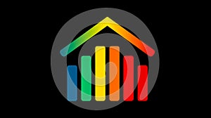 Colorful bar chart with a rainbow roof, symbolizing growth and progress, set against a black background