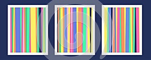 Colorful bar code wall art posters set. Abstract rainbow lines texture, geometric pattern. TV color bars brochure photo