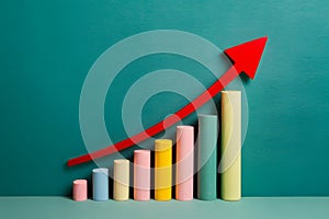 Colorful bar graph with increasing heights, red arrow pointing upward, on flat teal surface