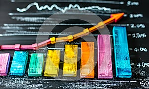 Colorful Bar Graph with Rising Arrow Indicating Growth, Progress and Success on a Blackboard, Symbolizing Business Analysis