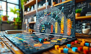 Colorful Bar Graph with Rising Arrow Indicating Growth, Progress and Success on a Blackboard, Symbolizing Business Analysis