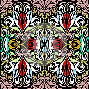 Colorful Baroque seamless pattern. Vector bright floral background. Vintage antique bright ornaments. Multicolor luxury design