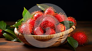 Colorful basket of ripe rambutans, tropical fruit display