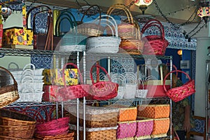 Colorful baskets on the counter of the Singapore market