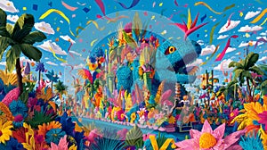 Colorful Batalla de Flores parade float with tropical decor