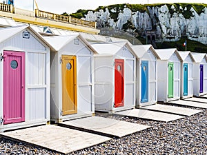 Colorful bathing huts in Le Treport beach, Normandy, France photo