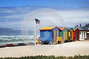 Colorful bathing huts at Muizenberg Beach close to Cape Town in South Africa