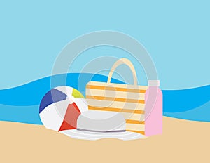 Colorful beach ball, Beach bag, Water bottle and Hat on Brown sand, and Blue sea on the background