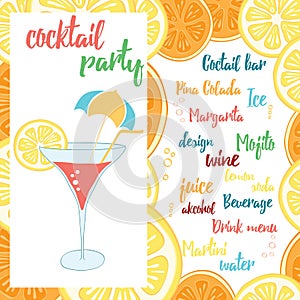 Colorful Beach Bar poster with a cocktail with orange. Summer banner design for cocktail party.