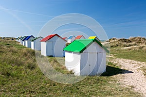 Colorful beach cabins, Normandy, France