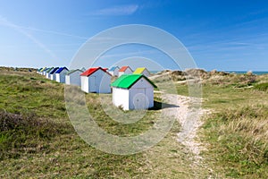 Colorful beach cabins, Normandy, France