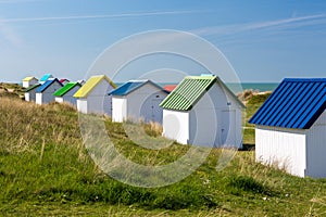 Colorful beach cabins, Normandy, France