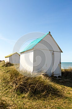 Colorful beach cabins, Normandy, France