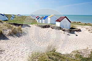 Colorful beach cabins, Normandy, France