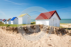 Colorful beach cabins, Normandy, France