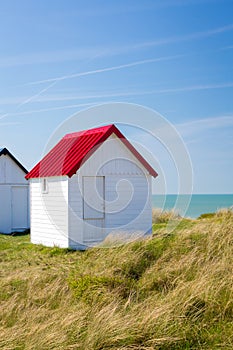 Colorful beach cabins, Normandy, France