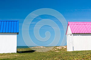 Colorful beach cabins, Normandy, France