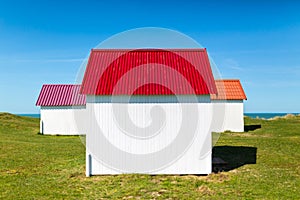 Colorful beach cabins, Normandy, France