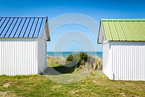 Colorful beach cabins, Normandy, France