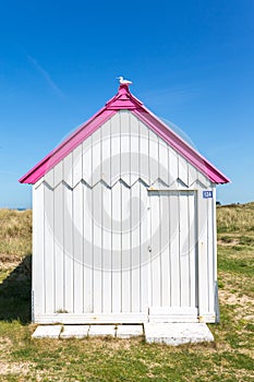 Colorful beach cabins, Normandy, France