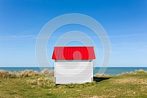 Colorful beach cabins, Normandy, France