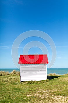 Colorful beach cabins, Normandy, France