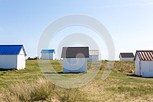 Colorful beach cabins, Normandy, France