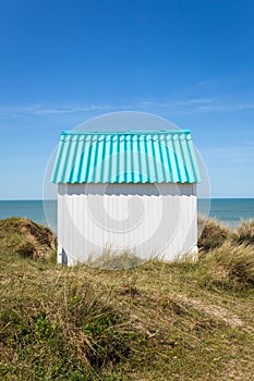 Colorful beach cabins, Normandy, France