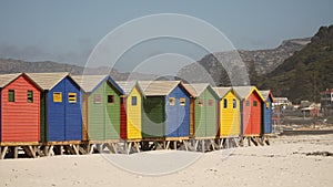 Colorful Beach Huts at Muizenberg Beach along the Garden Route near Cape Town, South Africa.