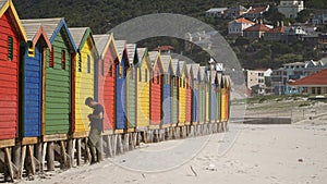 Colorful Beach Huts at Muizenberg Beach along the Garden Route near Cape Town, South Africa.