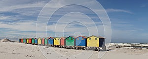 Colorful Beach Huts at Muizenberg Beach along the Garden Route near Cape Town, South Africa.