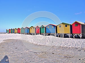 Colorful beach huts at Muizenberg, South Africa.