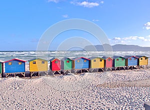 Colorful beach huts at Muizenberg, South Africa.