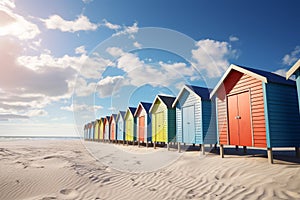 Colorful beach huts in a row adding a touch of. Generative ai