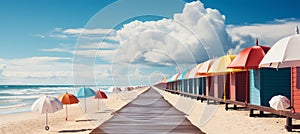 Colorful beach huts on a seaside boardwalk, ideal for summer apparel or beach accessories promotion