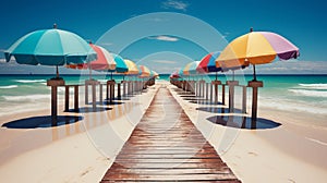 Colorful beach huts on vibrant boardwalk, ideal for promoting summer apparel and beach accessories