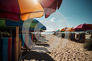 Colorful Beach Loungers Overlooking The Serene Sea And Sky On A Sunny Coastal Paradise - Generative AI