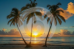 Colorful Beach palms sunset sky. Generate Ai