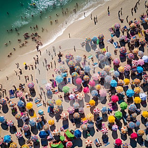 Colorful Beach Scene with Crowded Umbrellas