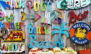 Colorful beach signs in bar