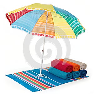 Colorful beach umbrella with matching towels photo