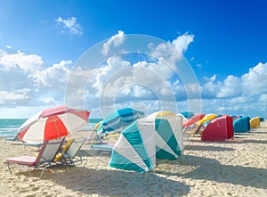 Colorful Beach umbrellas/parasols and cabanas near ocean