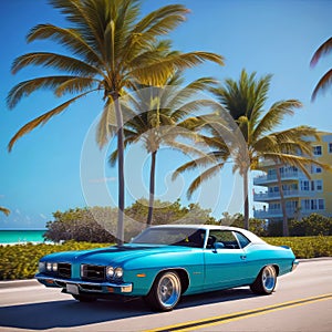 Colorful beach view of Miami South Beach Ocean Drive, Palm trees and colorful beach view of Miami South Beach Ocean Drive,