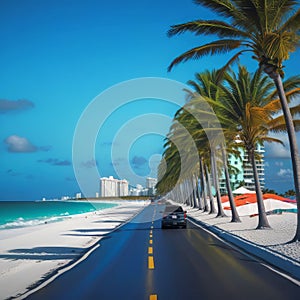 Colorful beach view of Miami South Beach Ocean Drive, Palm trees and colorful beach view of Miami South Beach Ocean Drive,