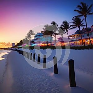 Colorful beach view of Miami South Beach Ocean Drive, Palm trees and colorful beach view of Miami South Beach Ocean Drive,