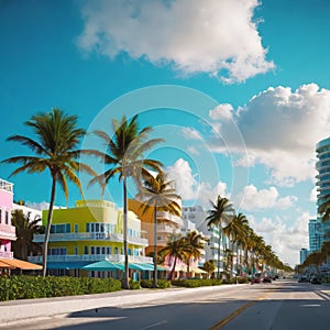 Colorful beach view of Miami South Beach Ocean Drive, Palm trees and colorful beach view of Miami South Beach Ocean Drive,