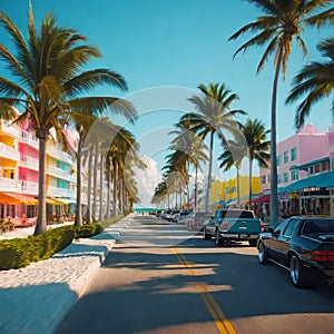 Colorful beach view of Miami South Beach Ocean Drive, Palm trees and colorful beach view of Miami South Beach Ocean Drive,