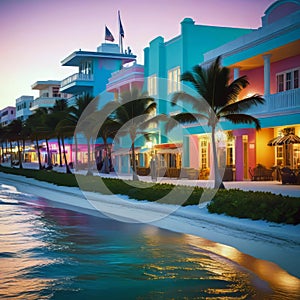 Colorful beach view of Miami South Beach Ocean Drive, Palm trees and colorful beach view of Miami South Beach Ocean Drive,