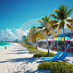 Colorful beach view of Miami South Beach Ocean Drive, Palm trees and colorful beach view of Miami South Beach Ocean Drive,